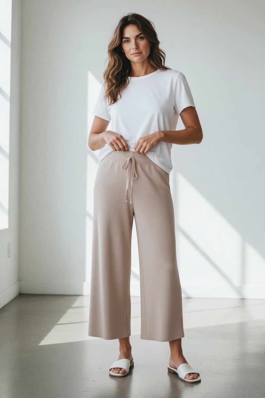 Mod Ref Sz L Cream/Tan Ribbed Knit Wide Leg Pants Cropped Slouchy Loungewear
